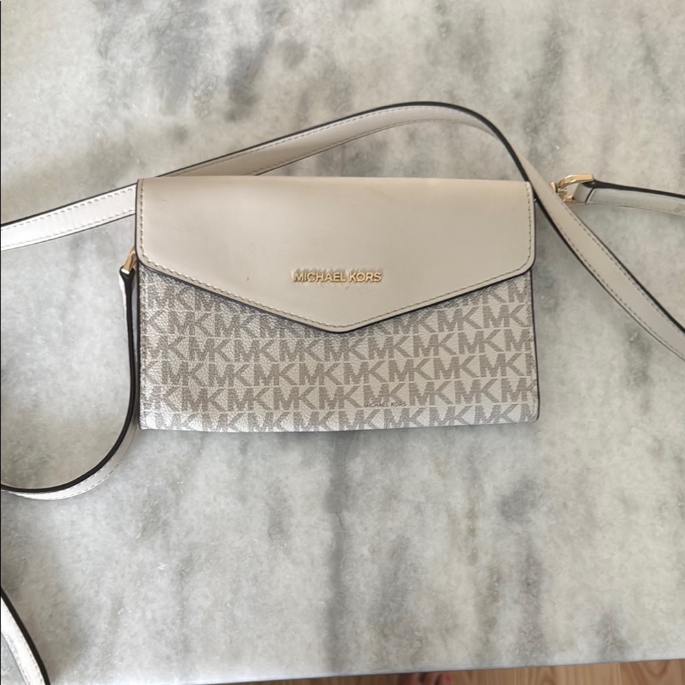Michael Kors Cream and Gray Crossbody Bag with Gold Accents